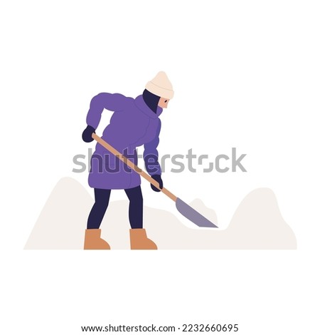 Snow shoveling vector illustration. Minimalist flat character - woman in warm winter clothes holding shovel. Winterdienst, weather forecast, cold weather, snowstorm concepts.