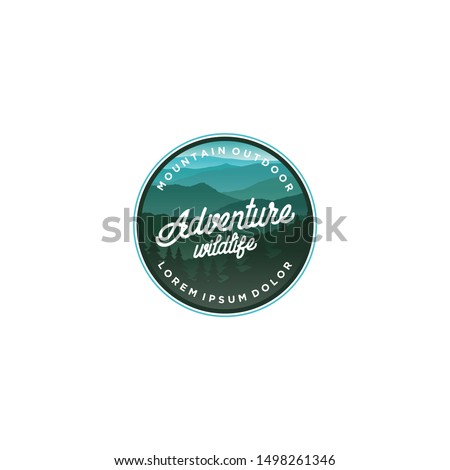 Mountain logo outdoor emblem circle - adventure wildlife pine tree forest design, hiking exploration nature, camping basecamp campfire alpine himalaya.