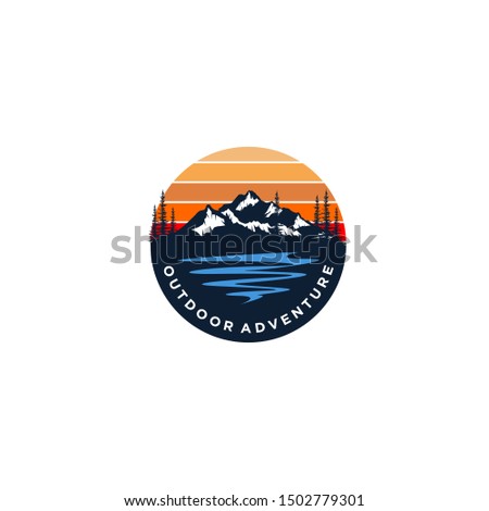 Mountain logo outdoor emblem circle - adventure wildlife pine tree forest design, hiking exploration nature, camping basecamp campfire alpine himalaya.