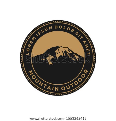 Mountain logo outdoor emblem circle - adventure wildlife pine tree forest design, hiking exploration nature, camping basecamp campfire alpine himalaya.