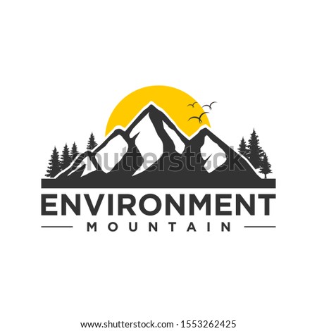 Mountain logo outdoor emblem - adventure wildlife pine tree forest design, hiking exploration nature, camping basecamp campfire alpine himalaya.