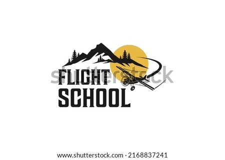 Flight school logo airline plane with mountain sunset icon design modern aviation training