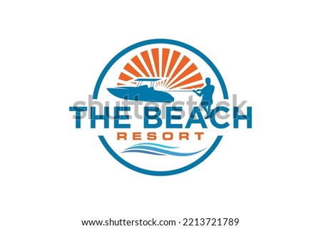 Waterskiing boat logo design beach vacation water sport action icon symbol illustration resort