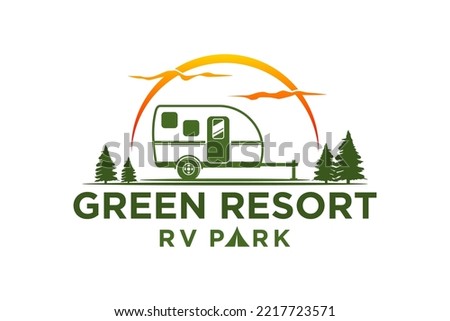 Recreational Vehicle logo design holiday journey traveler RV car trailer pine tree silhouette