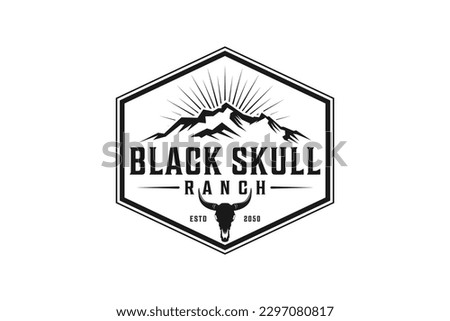 Mountain ranch logo design cow skull silhouette illustration rocky mountain hill