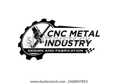 Computer Numerical Control Machine CNC logo design, metal work industry with gear and spark light welding illustration.