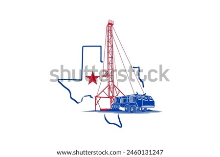 Logo design Truck Mounted Water Well Drill, Groundwater drilling truck with tower drill, or kerosene drilling industrial truck. With texas outline map.