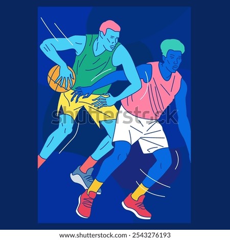 A4 poster about two basketball players in action in modern vector illustrative style on blue background