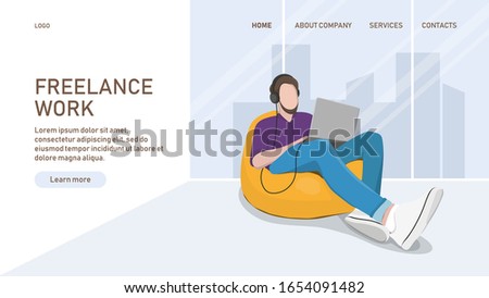 A man with a computer sits on a bean bag chair in a coworking studio. Website landing page design. Vector illustration in a flat style.