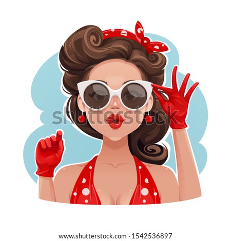 Funny Pop Art Vector Portrait of a Pin-Up Beauty Wearing Red Gloves and Adjusting Her Retro Sunglasses.