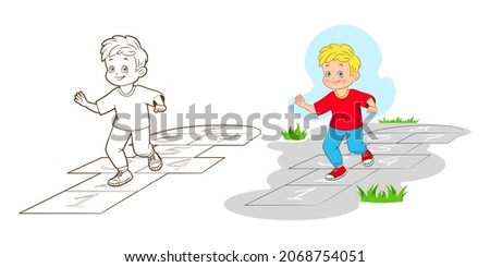 The boy playing Hopskotch, jumps on one leg while . Coloring book. Vector illustration in cartoon style, black and white line art Imagine de stoc © 