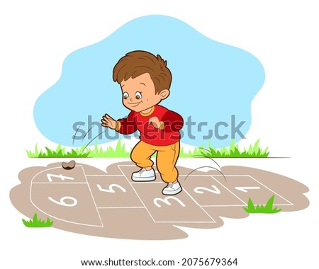 The boy playing Hopskotch, jumps on one leg while . Vector illustration in cartoon style, black and white line art Imagine de stoc © 