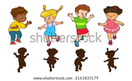 Girls and boys jump around playing hopscotch. Guess the shadow game. Silhouettes of jumping children. Vector illustration in cartoon style Imagine de stoc © 