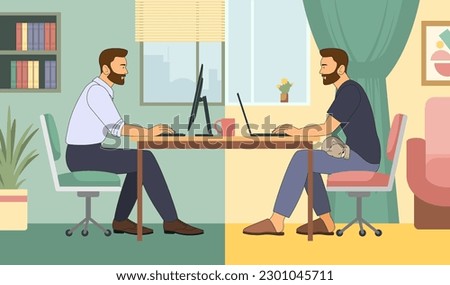 A businessman in a hybrid setting, a formal suit and home clothes works on a laptop, against the backdrop of a working office and a homely cozy atmosphere. Vector illustration in cartoon style