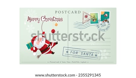 Template of an old Christmas envelope with a picture of Santa Claus going down the chimney. Retro style Christmas postcard with rubber seal, stamp. Vector illustration in cartoon, retro style