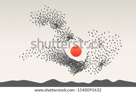Group of self organized objects. Crowd of people behaviour. Flocking simulation. Swarm formation.