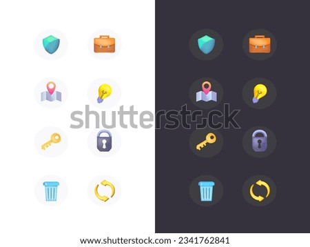 Simple set of colored icons for dark and light background. Contains such icons as briefcase, idea, map, refresh and others.