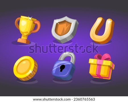 Game casual icons for your app. Bright remarkable UI elements. Good for animation. Goblet, shield, present and others. Vector illustration for your business.