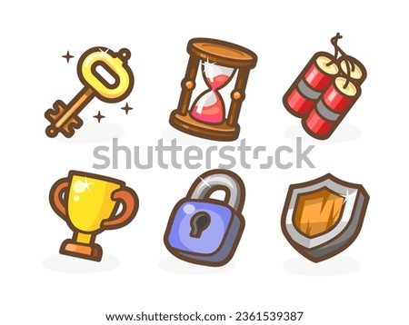 Game casual icons for your app. Bright remarkable UI elements. Good for animation. Goblet, shield, lock, key and others. Vector illustration for your business.