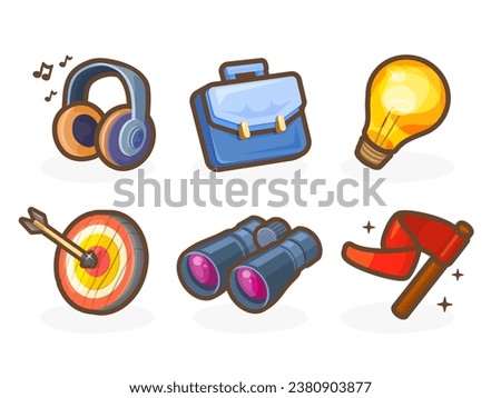 Casual icons for your app. Bright remarkable UI elements. Headphones, light bulb, briefcase, flag and others. Nice vector UI illustration for your business.