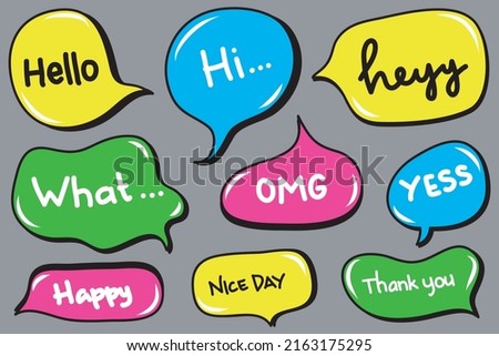 Vector set of speech bubbles. Doodle hand draw like kids style in pastel color for use in business, chat, inbox, dialog, message, question, communication, talk, speak, sticker, balloon, thinking