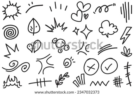 Vector set of hand-drawn cartoony expression sign doodle, curve directional arrows, emoticon effects design elements, cartoon character emotion symbols, cute decorative brush stroke lines.