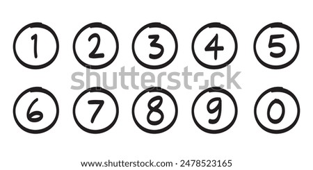 Hand drawn simple round numbers in flat style, Collection of numbers 1-0 simple black symbol signs for apps, UI and websites, doodle art