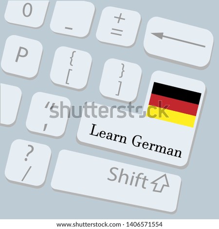 top view of computer keyboard with flag of Germany and text Learn german. Computer keyboard vector illustration