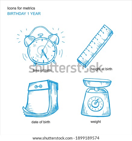 Set of icons for the metrics to favourites 1 year: weight, date, time, height.