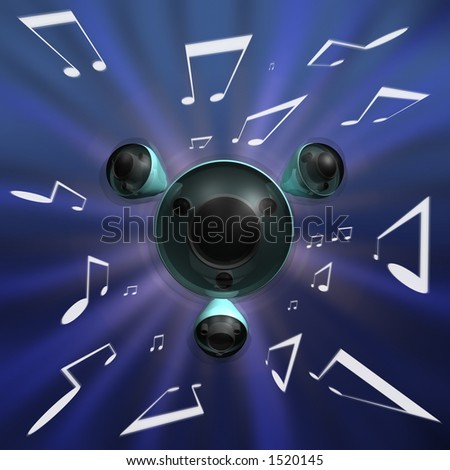 Speakers throbbing and throwing music in blue, black and white