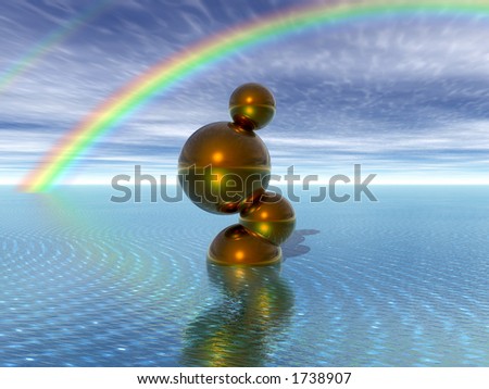 Abstract Gold Orbs Emerging From Crystal Blue Ocean With Rainbow Against Blue Cloudy Sky