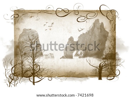 Peace scenic cliff birds trees lake