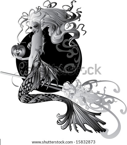 Grayscale Mermaid Witch Broomstick Jack O' Lantern Scroll Background ...