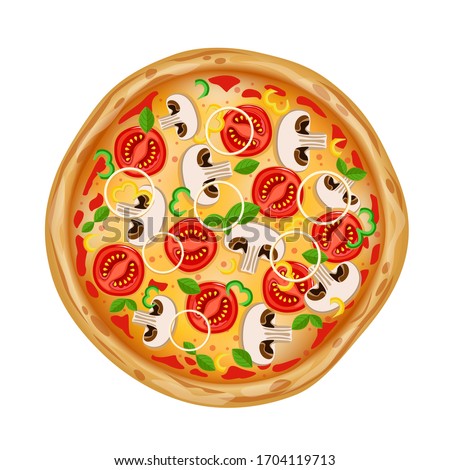 Top view pizza with various ingredients. Whole pizza with mushrooms, tomatoes, onions, peppers and cheese. Italian pizza