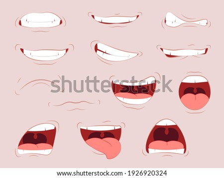 Lips with a variety of emotions. Cartoon cute mouth expressions facial gestures set with pouting lips smiling sticking out tongue