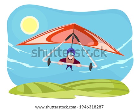 Hang gliding character vector illustration isolated on white background. Cheerful hang gliding tandem flying in sky