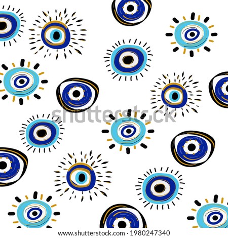 Evil eye vector seamless pattern. Hand drawn various talismans. Different shapes. Flat design. Free hand drawing style.