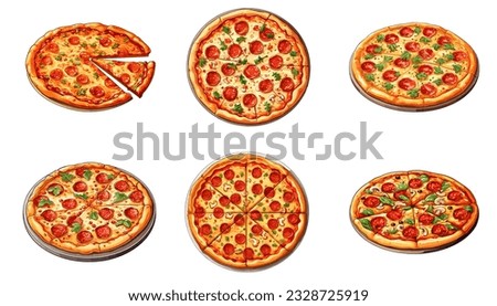 Hand Draw Pizza set with various ingredients in cartoon style. Whole and chopped pizza icon. Vector illustration EPS10