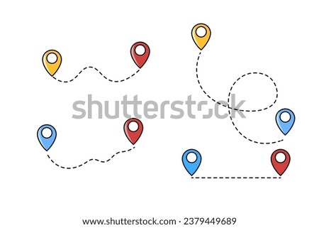 Route location color icon set, two pin sign and dotted line road, start and end. Mapping icon collection. Geolocation map path distance. Vector illustration EPS10