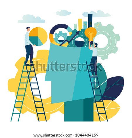 Vector creative illustration of business graphic, company is engaged in joint construction of column graphs, rise  career to success, abstract head of person filled with ideas thoughts and analytics