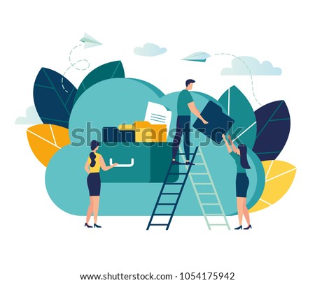 Vector flat illustration, cloud storage, data processing, message sending, illustration for web design marketing and printed materials vector