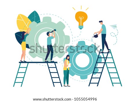 Flat vector illustration, teamwork on finding new ideas, little people launch a mechanism, search for new solutions, creative work vector