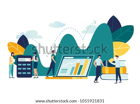 Vector flat illustration, business promotion, take-off on the career ladder, data analysis and investment infographics overview vector