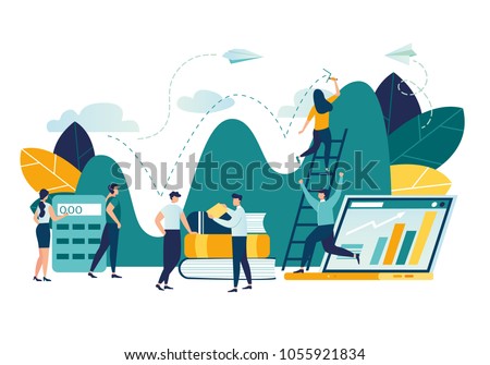 Vector flat illustration, business promotion, take-off on the career ladder, data analysis and investment infographics overview vector