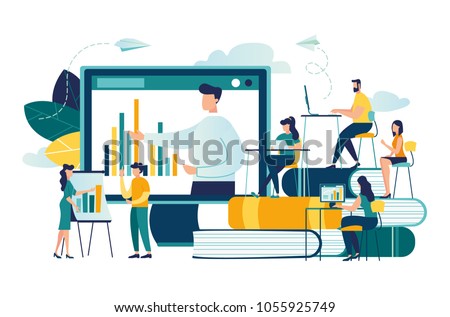 Vector flat illustration, online training courses for employees, training skills enhancement, people sit at a conference and look at the big screen, the analysis of infographics