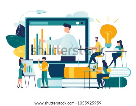 Vector flat illustration, online training courses for employees, training skills enhancement, people sit at a conference and look at the big screen, the analysis of infographics