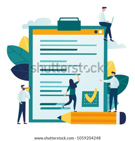 Vector illustration, little people fill out a form, modern concept for web banners, infographics, websites, printed products vector
