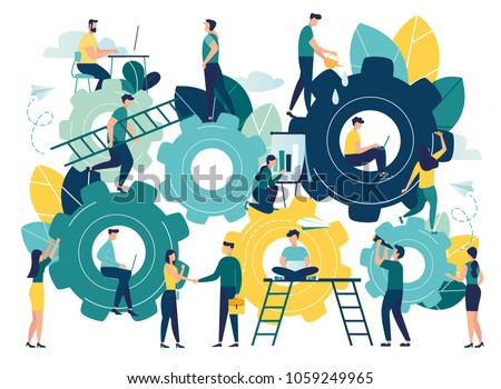 Business concept of vector illustration, little people links of mechanism, business mechanism, abstract background with gears, people are engaged in business promotion, strategy analysis,  vector