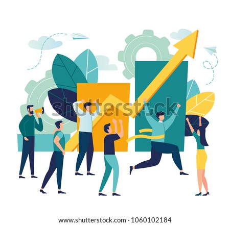 Vector business illustration, leadership qualities in a creative team, direction to a successful path, overcoming obstacles on the way to success, high level of work, the team rejoices  vector