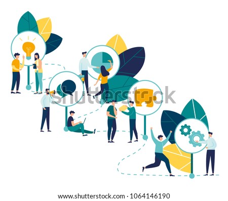infographic illustration, The main stages of the timeline with pointers on the curved road, small people stand in the company and reason over each item, History of the company development conce vector
